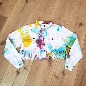 Taxi Womens Denim Jean Jacket Sz L Tie Dye Distressed Fringe Cropped Cotton NEW